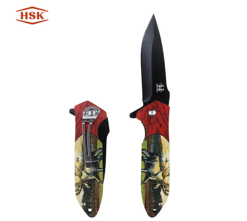 Складной нож для улицы с рисунком оленя TPK-18, Черное тактическое лезвие из нержавеющей стали с печ
