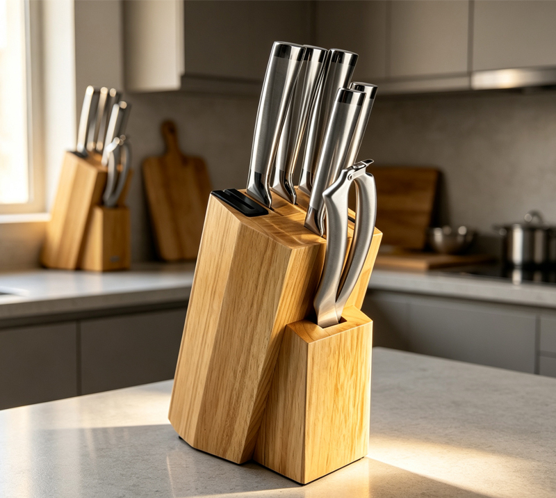 D-D009A 8PCS Kitchen Knife Set with Hollow Stainless Steel Handle & Wooden Block