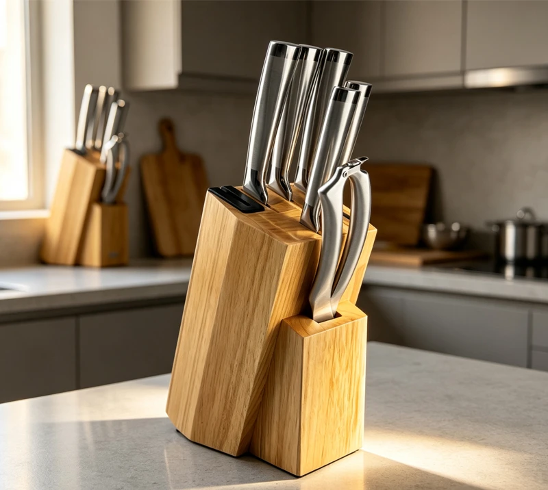 D-D009A 8PCS Kitchen Knife Set with Hollow Stainless Steel Handle & Wooden Block