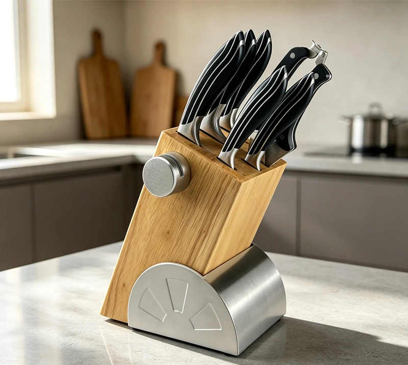 D-D004C 8PCS Wood Knife Block Set with Built-in Sharpener,Stainless Steel Kitchen Knives Collection